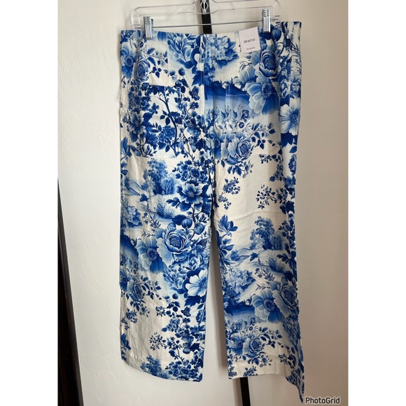 Anthropologie Colette Printed Linen Crop Wide Leg Pants 33 White Blue Floral NEW - Picture 3 of 5